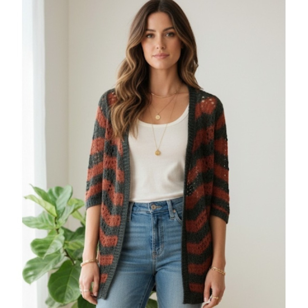Anthropologie Guinevere Net Knit Gray Red Wrap Mohair Linen Cardigan Size XS A3